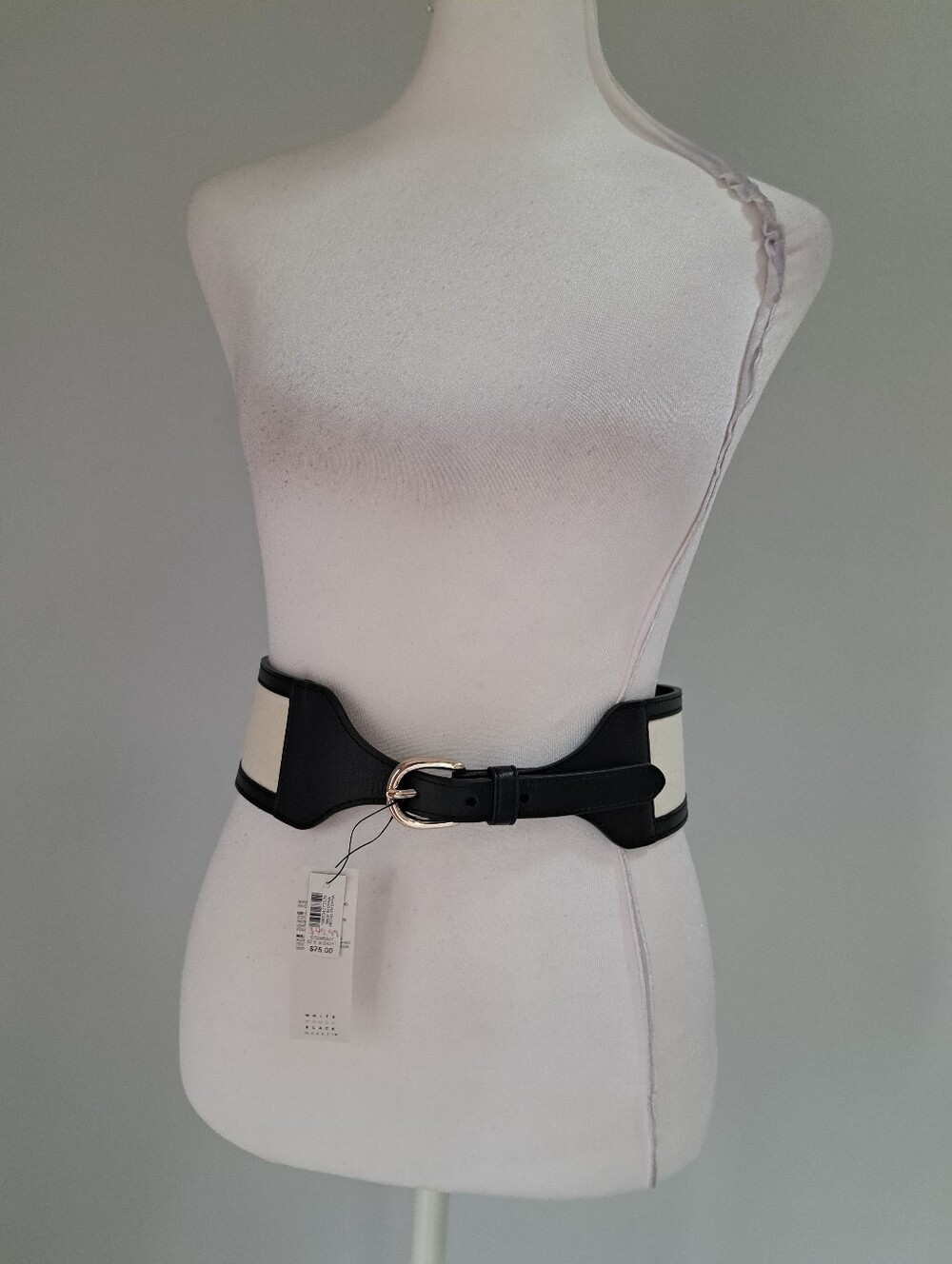 NWT WHBM Echo Black and Cream Canvas/Faux Leather Wide Waist Belt w. Gold Buckle